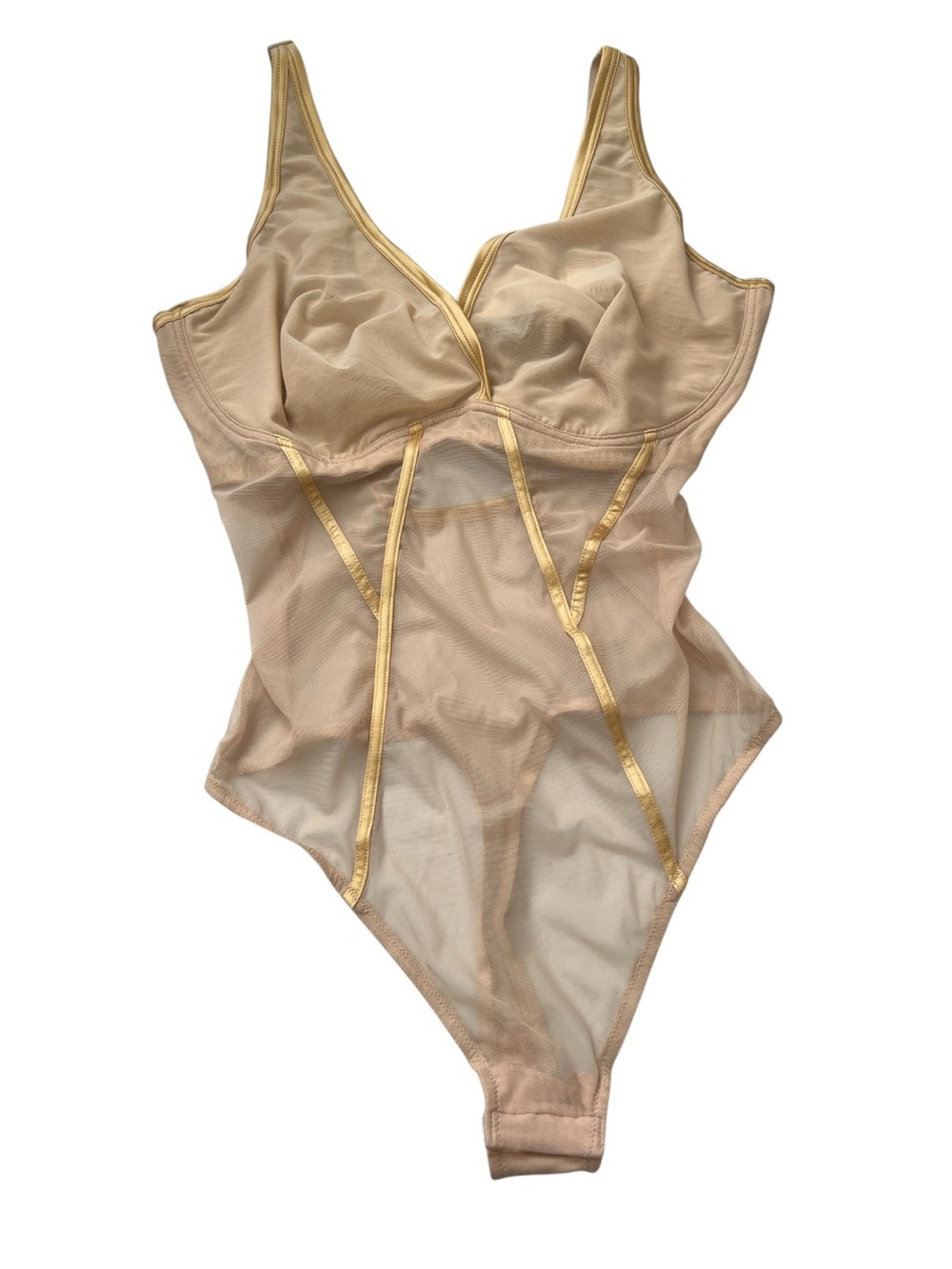 NWT Cosabella Sardegna Curvy Mesh Bodysuit Teddy Camel Gold Thong Medium